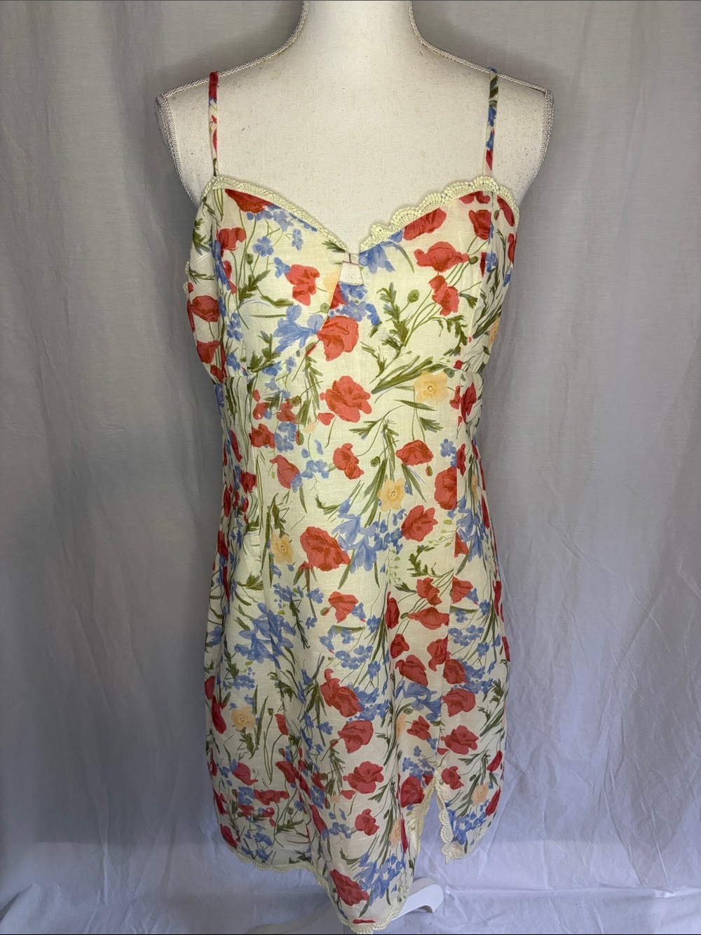 Floral Spaghetti Strap Slip Dress in Cream with Coral & Blue Flowers